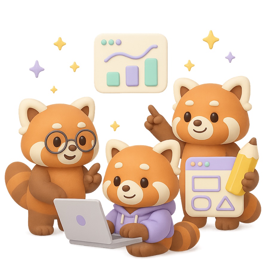 Three red panda teammates collaborating around laptops and floating design windows