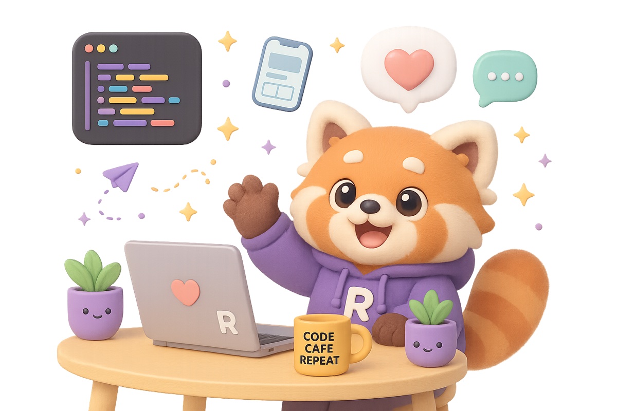 ReaddyCorp red panda mascot waving from behind a laptop, surrounded by floating code and app windows